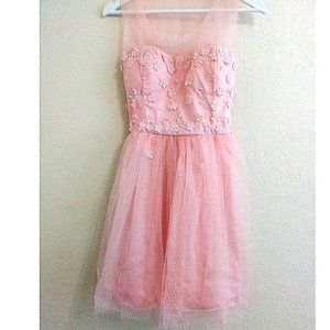 Pink Tulle Floral Swiss Dot Pearl party mesh dress